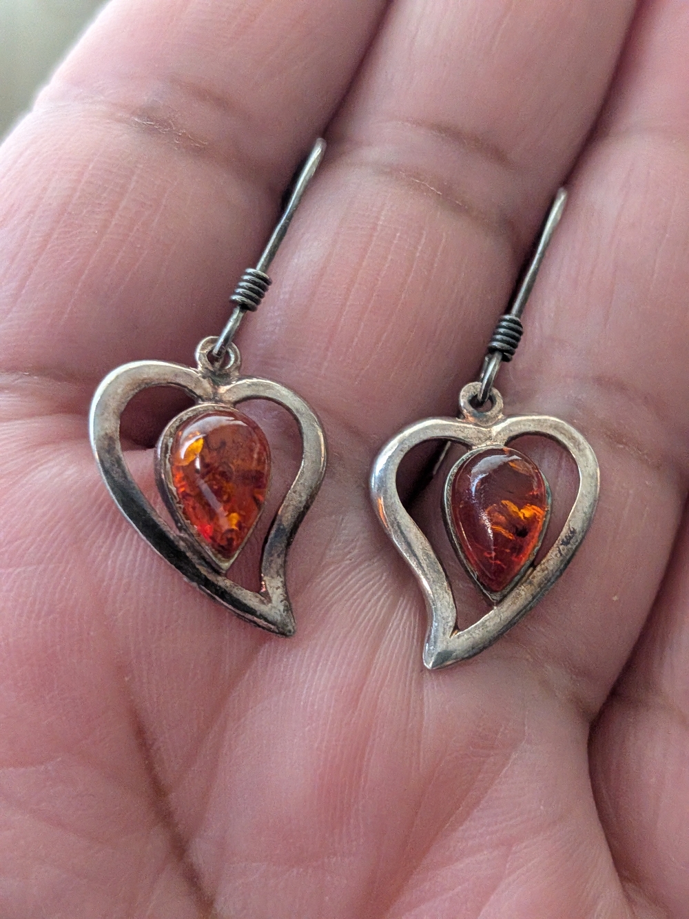 sterling silver and Baltic amber heart drop earrings.Material: 925 sterling